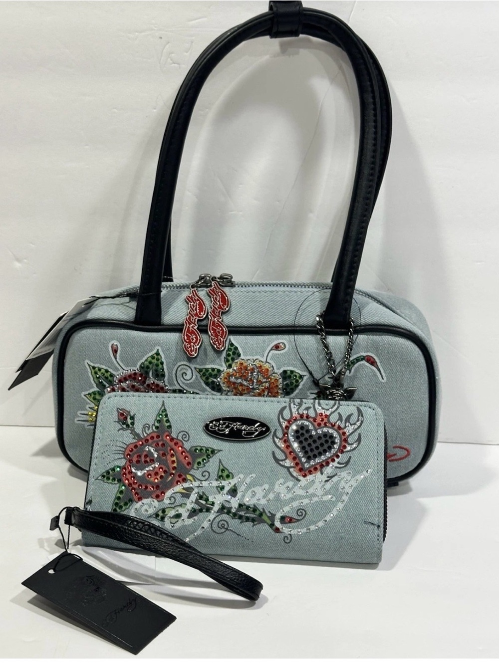 Ed Hardy Light Blue Floral Embellished Shoulder Bag with Wallet